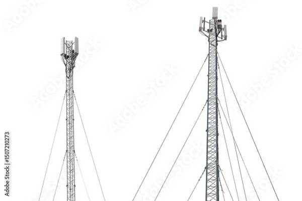 Fototapeta New telecommunication antenna on background of blue sky. Satellite dish telecom network at communication technology network. Telecom broadcasting tower. Modern cell tower 5G, 6G