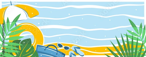 Fototapeta Tropical summer banner with space to add text. Beach accessories, sunglasses, beach bag, umbrella. Tourism concept, travel and adventure, vacation. Vector illustration for poster, cover, sales
