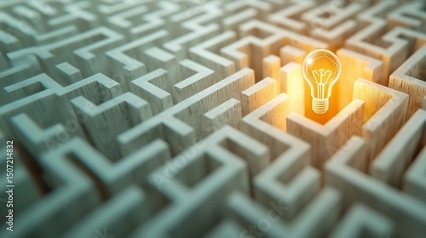 Fototapeta Glowing Light Bulb in Maze Symbolizing Intelligence and Problem Solving