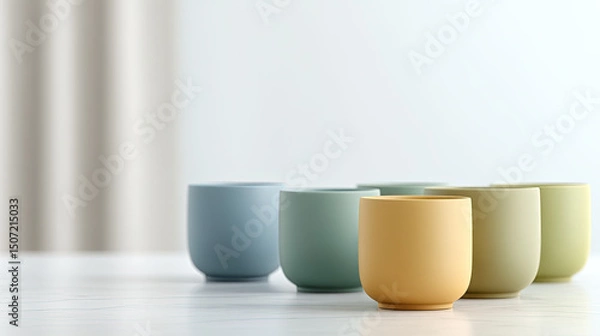 Fototapeta Colorful ceramic cups on white table with soft background