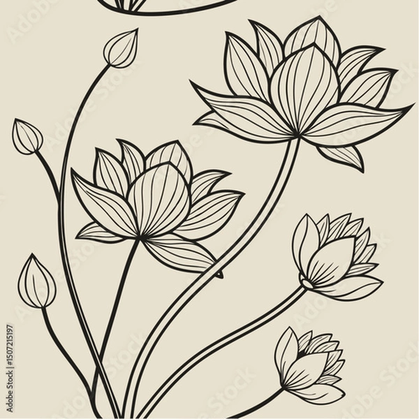 Obraz Elegant Lotus: Intricate line art captures the beauty of lotus flowers with delicate petals and graceful stems. A simple background highlights the purity and elegance of the floral design.
