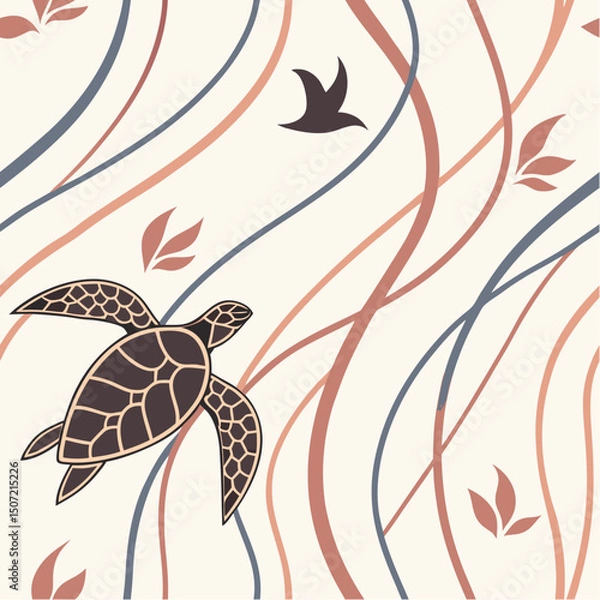 Fototapeta Abstract Sea Turtle Pattern:  An abstract design of a sea turtle gracefully gliding through gentle currents, featuring soft organic shapes, muted colors, and a sense of calm tranquility.