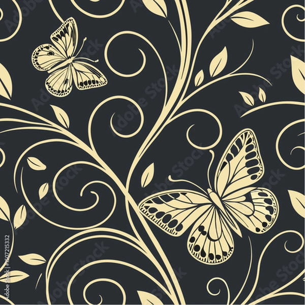 Fototapeta Floral Butterfly Pattern: A beautiful seamless pattern featuring an intricate design of delicate butterflies amidst swirling floral elements, ideal for adding elegance to any creative project.