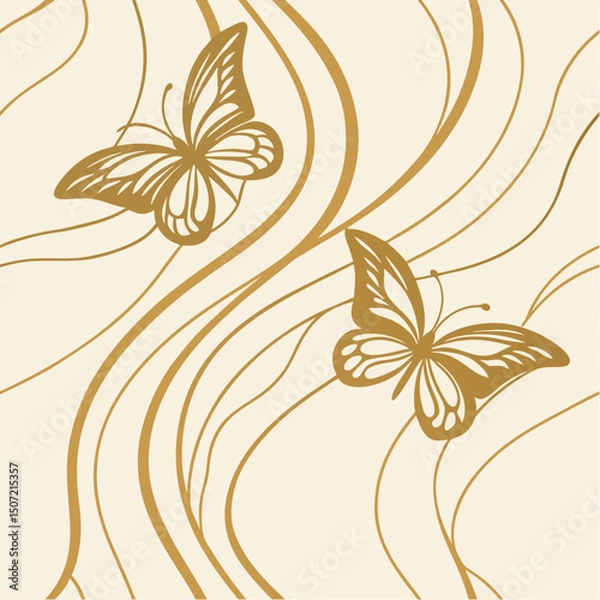 Obraz Elegant Butterflies in Flight: Two exquisite butterflies gracefully dance amidst delicate golden lines on a soft, creamy backdrop, creating a sense of delicate beauty and serene elegance.