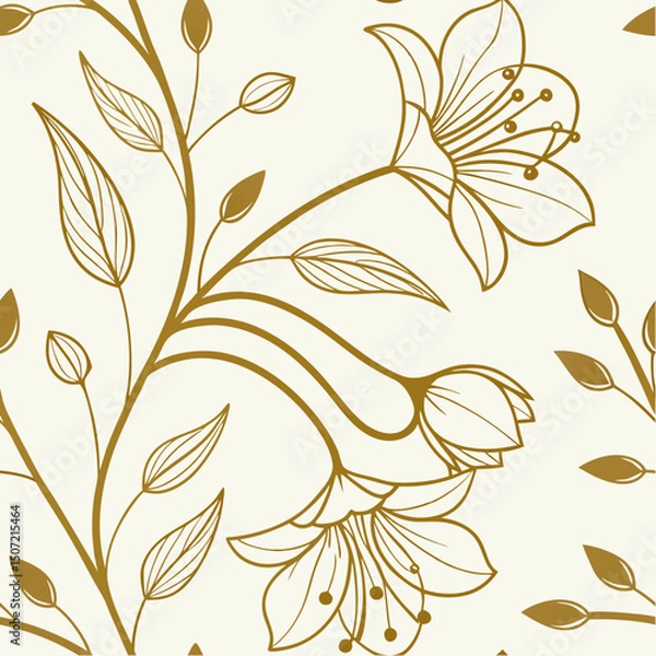 Obraz Golden Floral Pattern: A detailed, seamless floral pattern with gold outlines against a soft background, exuding elegance and a touch of nature's beauty.