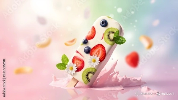 Fototapeta Colorful Frozen Yogurt Popsicle with Fresh Fruits on Pastel Background