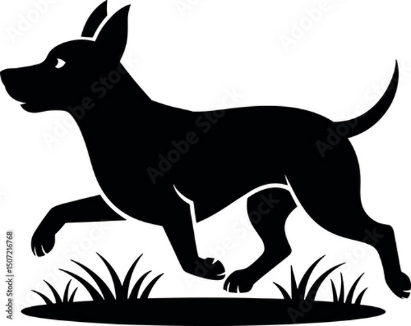 Fototapeta Dog silhouette on grass: A sleek black dog silhouette sprints playfully through the grass, capturing the essence of canine energy and agility.