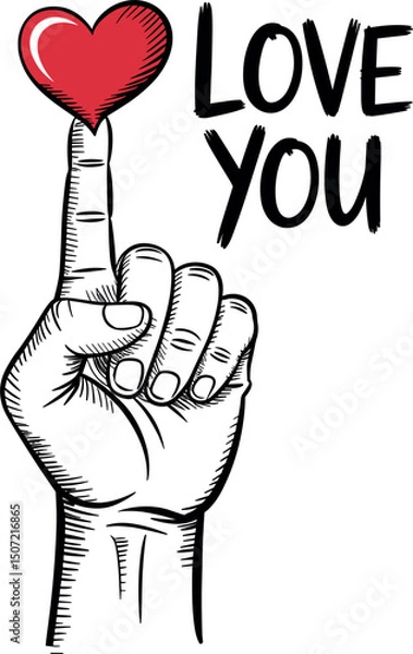 Fototapeta Love and Affection: A detailed drawing shows a hand pointing upward, with a heart hovering above the finger, symbolizing love and affection. A warm message conveys feelings.