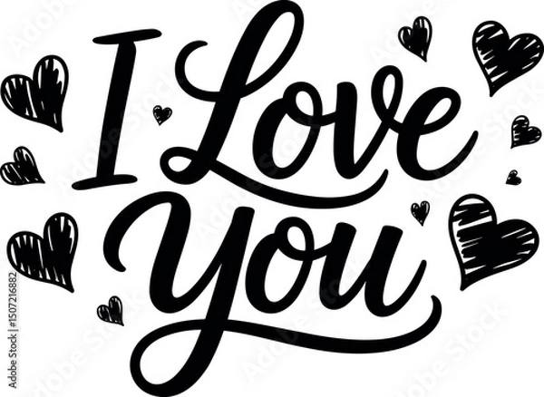 Fototapeta Love's Embrace: A heartwarming design expresses affection. The elegant typography expresses feelings of love, complemented by charming heart illustrations.
