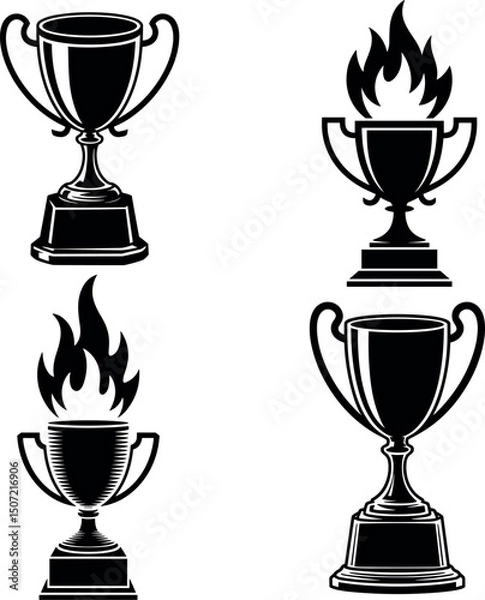 Fototapeta Trophy Icon Set: A set of monochrome trophy icons, showcasing different designs including a fiery one, ideal for signifying achievement, success, or award ceremonies.