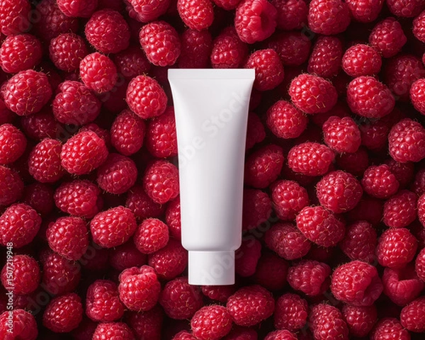 Obraz White cosmetic tube lies on raspberries background. Eco horizontal mockup of cream or toothpaste with natural ingredients. Flat lay of matte plastic packaging with soft studio light