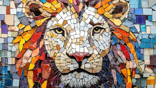 Fototapeta Mosaic art of lion face made from colorful tiles and small pieces of stone, the head is made up with only white tile, flat lay