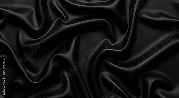 Fototapeta Elegant black silk fabric with gentle curves and folds, displayed on a rich black background for design use, Generative AI.