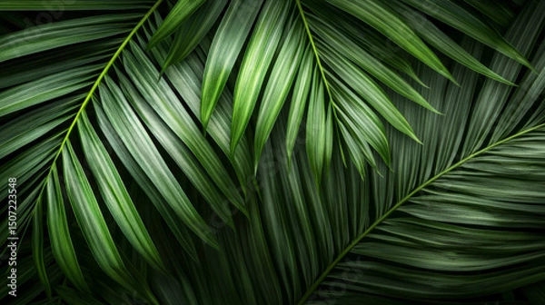 Fototapeta Close-Up of Large Tropical Palm Leaf with Natural Deep Green Texture