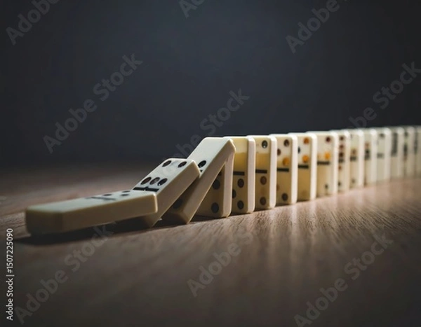 Fototapeta Single domino falling and triggering long chain reaction across wooden desk, symbolizing cause and effect, momentum, and impact of small actions in dramatic moment