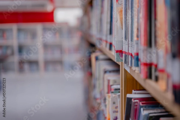 Fototapeta Explore Cozy Bookstore Corner Captivating Image Of Bookshelves With Colorful Spine Array In Daytime Discover History Within Each Chapter, Beautifully Displayed Against Wooden Background