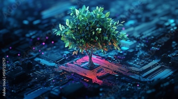 Obraz Technological Bloom: A Tree Thriving in a Circuit Board