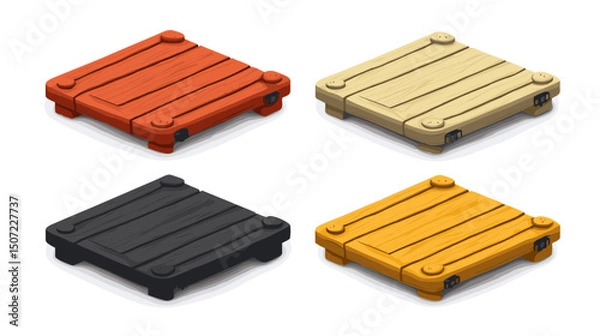 Fototapeta Isolated Isometric Wooden Platforms in Red Beige Black and Yellow Color Palettes on White Background