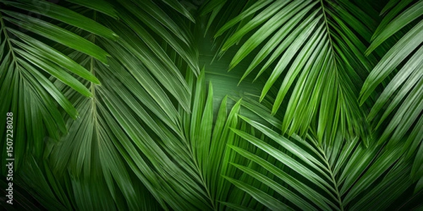 Fototapeta Close-Up of Large Tropical Palm Leaf with Natural Deep Green Texture