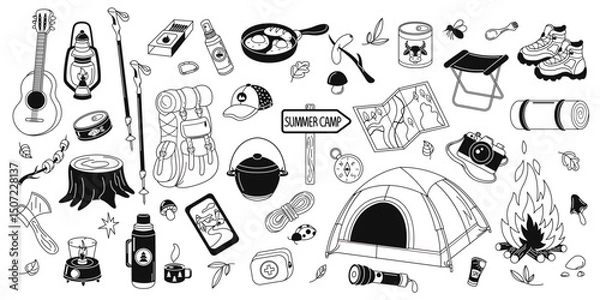 Fototapeta A set of items for camping, hiking and summer camp. Items for travel, trekking and picnics. Backpack, campfire, tent, camera, flashlight. Doodle-style vector illustration