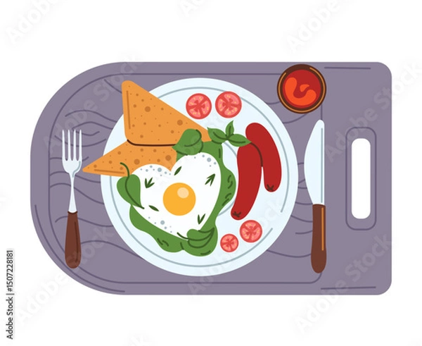 Fototapeta A plate with a delicious fresh breakfast on a wooden tray. Fried heart-shaped fried eggs with sausages and fresh vegetables with herbs. Vector illustration isolated on a white background
