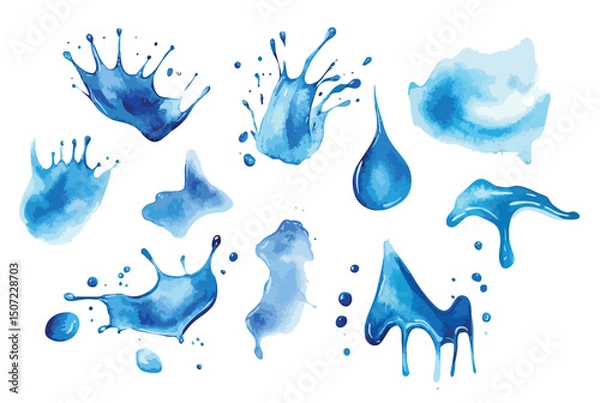 Obraz Collection blue water drops and splashes, isolated watercolor illustration