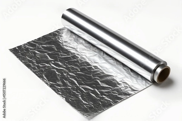 Fototapeta Shiny aluminum foil roll partially unfurled displays a crumpled texture, positioned against a plain white backdrop