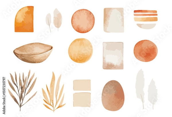 Obraz Collection of minimalistic abstract shapes and plants of beige colors, isolated watercolor illustration