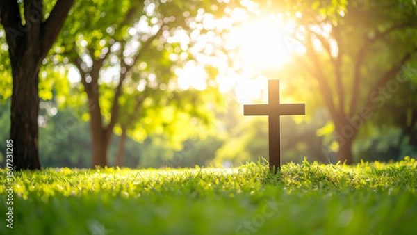 Fototapeta 십자가 햇살 숲 나무 사진 이미지