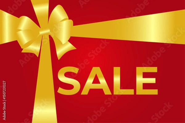 Fototapeta Red background with a gold ribbon tied in a bow and a large gold "SALE" inscription. Symbolizes a sale or promotion.