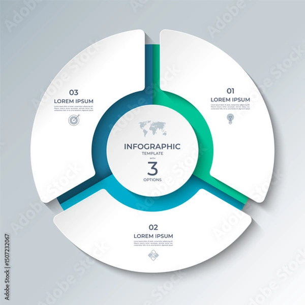 Obraz Vector infographic template featuring a modern, 3D-style circular layout divided into 3 steps. Ideal for presenting business processes, timelines, workflows, marketing steps, or educational content.