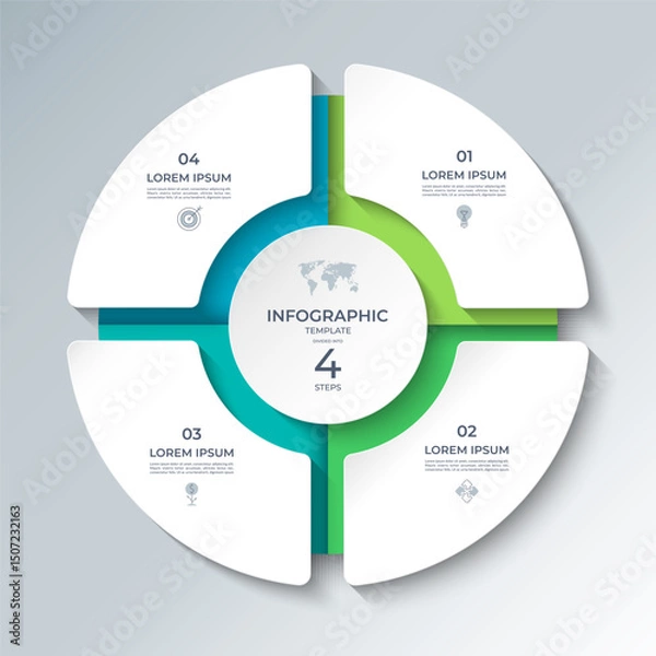 Obraz Vector infographic template featuring a modern, 3D-style circular layout divided into 4 steps. Ideal for presenting business processes, timelines, workflows, marketing steps, or educational content.