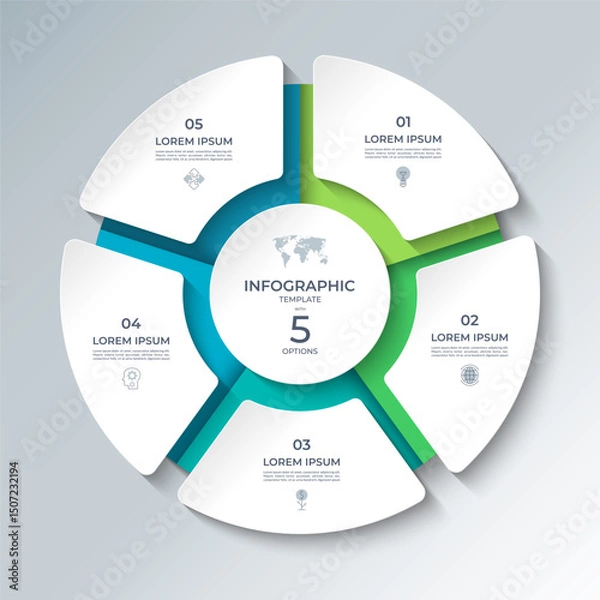 Obraz Vector infographic template featuring a modern, 3D-style circular layout divided into 5 steps. Ideal for presenting business processes, timelines, workflows, marketing steps, or educational content.