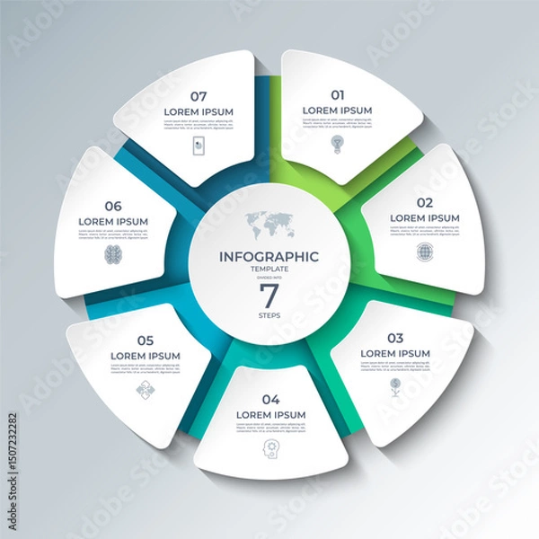 Obraz Vector infographic template featuring a modern, 3D-style circular layout divided into 7 steps. Ideal for presenting business processes, timelines, workflows, marketing steps, or educational content.