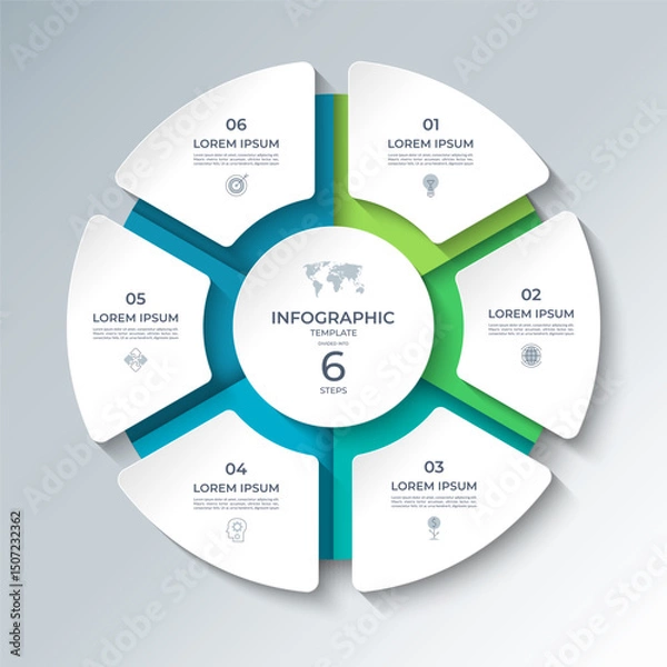 Obraz Vector infographic template featuring a modern, 3D-style circular layout divided into 6 steps. Ideal for presenting business processes, timelines, workflows, marketing steps, or educational content.