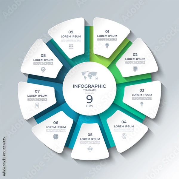 Obraz Vector infographic template featuring a modern, 3D-style circular layout divided into 9 steps. Ideal for presenting business processes, timelines, workflows, marketing steps, or educational content.