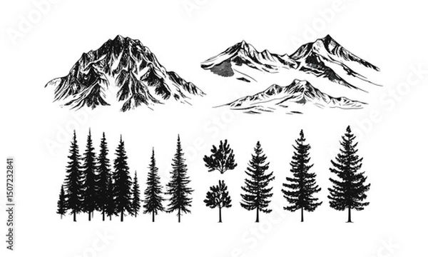Obraz Snowy Mountain Terrain Illustration, Engraved Cold Forest Pack, Narrow Pine Vector, Alpine Fir Tree Silhouettes, Ski Forest Scene, Winter Woods, Vector Illustration, Evergreen, Cutout.