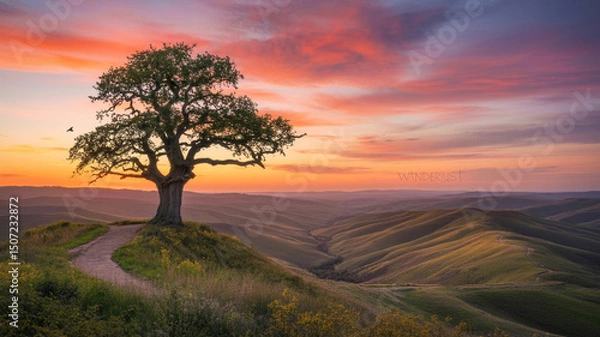 Obraz Majestic oak tree standing alone on a hillside silhouetted by a vivid sunset sky