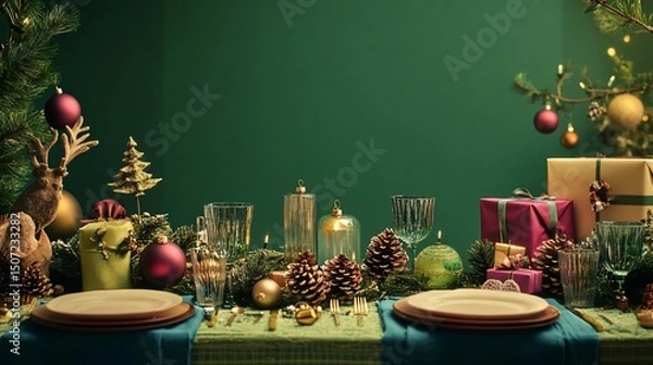 Obraz Elegant Christmas Table Setting with Green and Gold Accents