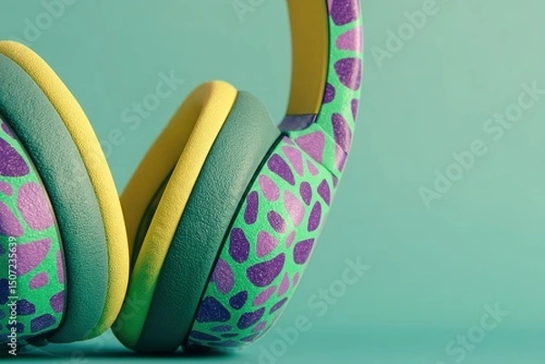 Obraz Colorful headphones with a unique design resting on a green background showcase vibrant patterns and textures
