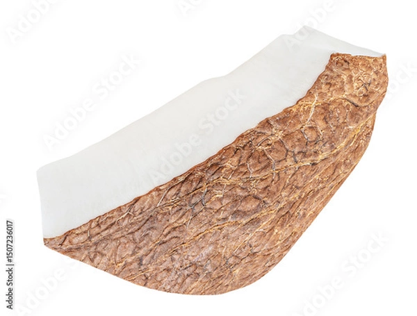 Obraz Isolated Coconut piece falling on white background. Flying Coconut broken piece. Levitating Coco nut chunk  Top view. Flat lay.