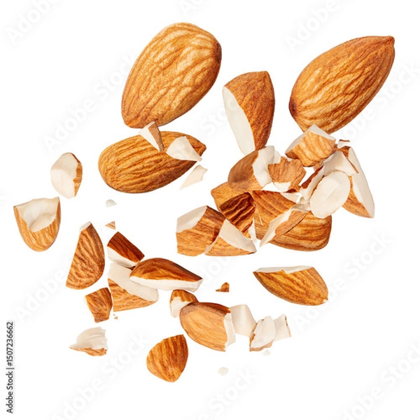 Obraz Isolated Almonds. levitating almond nuts on white background.  Falling crushed almonds nuts. Cracked Almonds is torn to pieces explosion.
