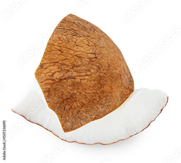 Obraz .Isolated Coconut pieces on white background. Tropical Coconut broken pieces.  Coco nut chunk  Top view. Flat lay.