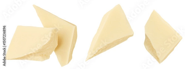Obraz Isolated Vanilla Chocolate pieces  on white.  Broken White chocolate collection. Package design element. Top view. Flat lay.