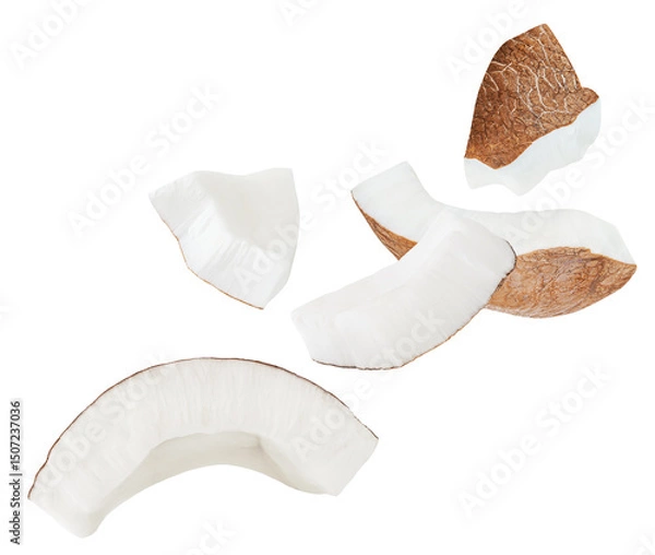 Obraz  Levitating Coconut chunks isolated on white background. Broken coconut pieces  explotion. Coco nut  collection.  Top view. Flat lay. Pattern .