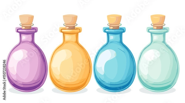 Fototapeta Four Pixel Art Potion Bottles with Cork Stoppers in Purple Yellow Blue and Green Colors Fantasy Game Elements