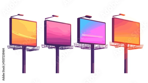 Fototapeta Four Pixelated Billboards with Gradient Skies in Retro Style Isolated on White Background