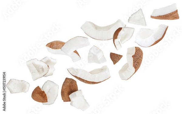 Obraz Isolated Coconut pieces falling on white background. Coconut explosion with broken pieces, Top view. Flat lay. Pattern .
