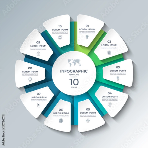 Obraz Vector infographic template featuring a modern, 3D-style circular layout divided into 10 steps. Ideal for presenting business processes, timelines, workflows, marketing steps, or educational content.