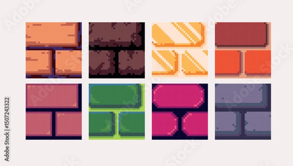 Fototapeta Stone castle bricks pixel art square blocks. Brickwork wall 8 bit platform tiles. Game development, mobile app template. Texture grid vector illustration.
